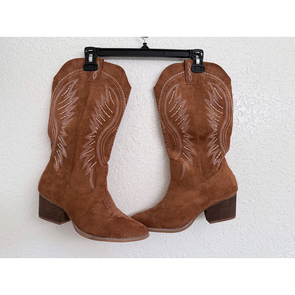 Womens Brown Faux Suede Western Cowboy Boots‎ Embroidered Block Heel Size 9